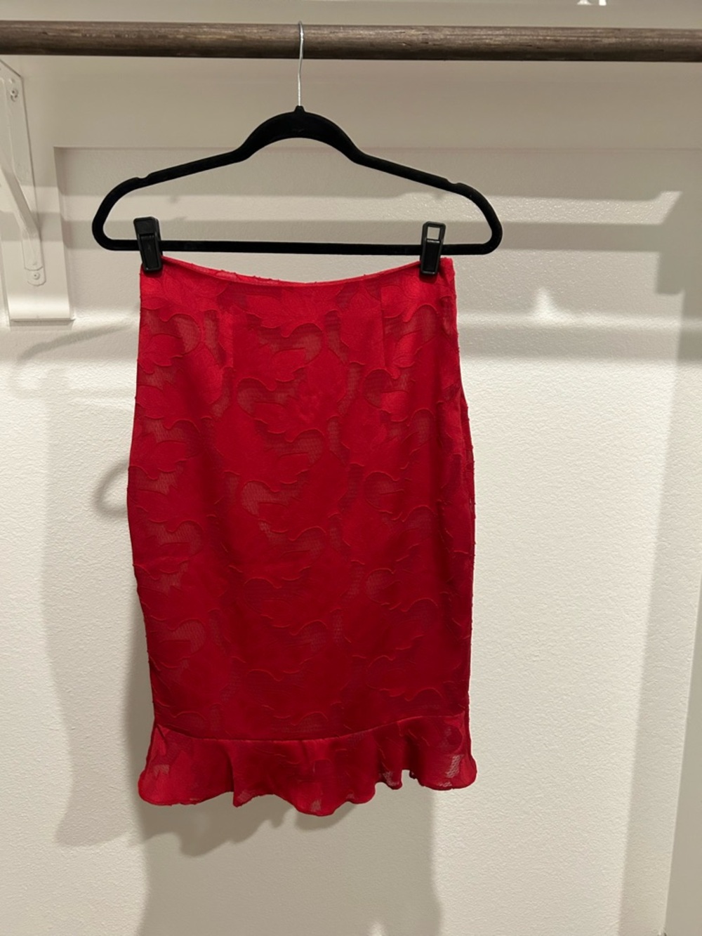 Free People Red Lace Pencil Skirt with Ruffle Hem